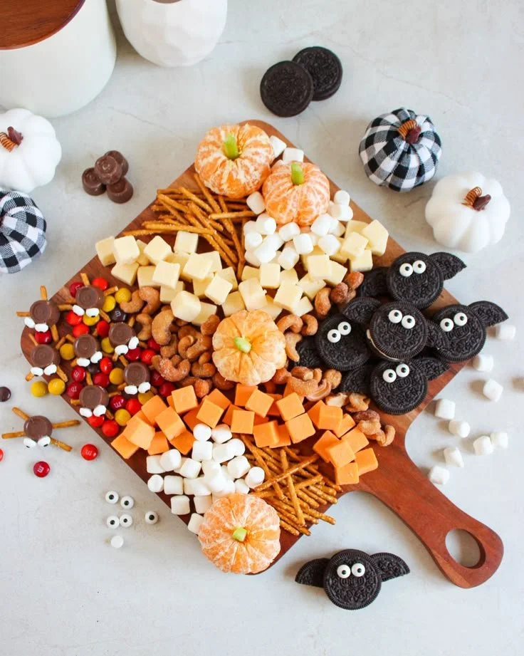 A festive Halloween charcuterie board filled with spooky snacks and decorations.