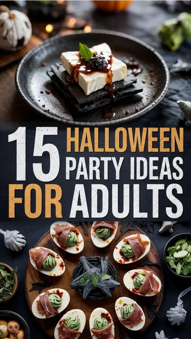 Festive Halloween party food ideas for adults, featuring spooky snacks and treats.