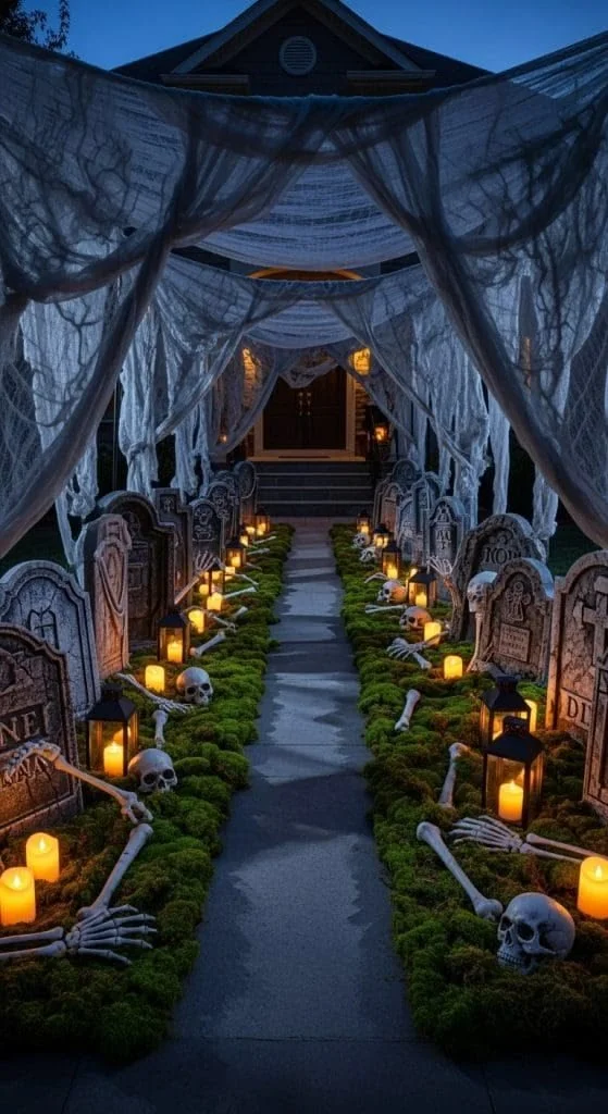 Creative Halloween walkway ideas with spooky decorations and lighting