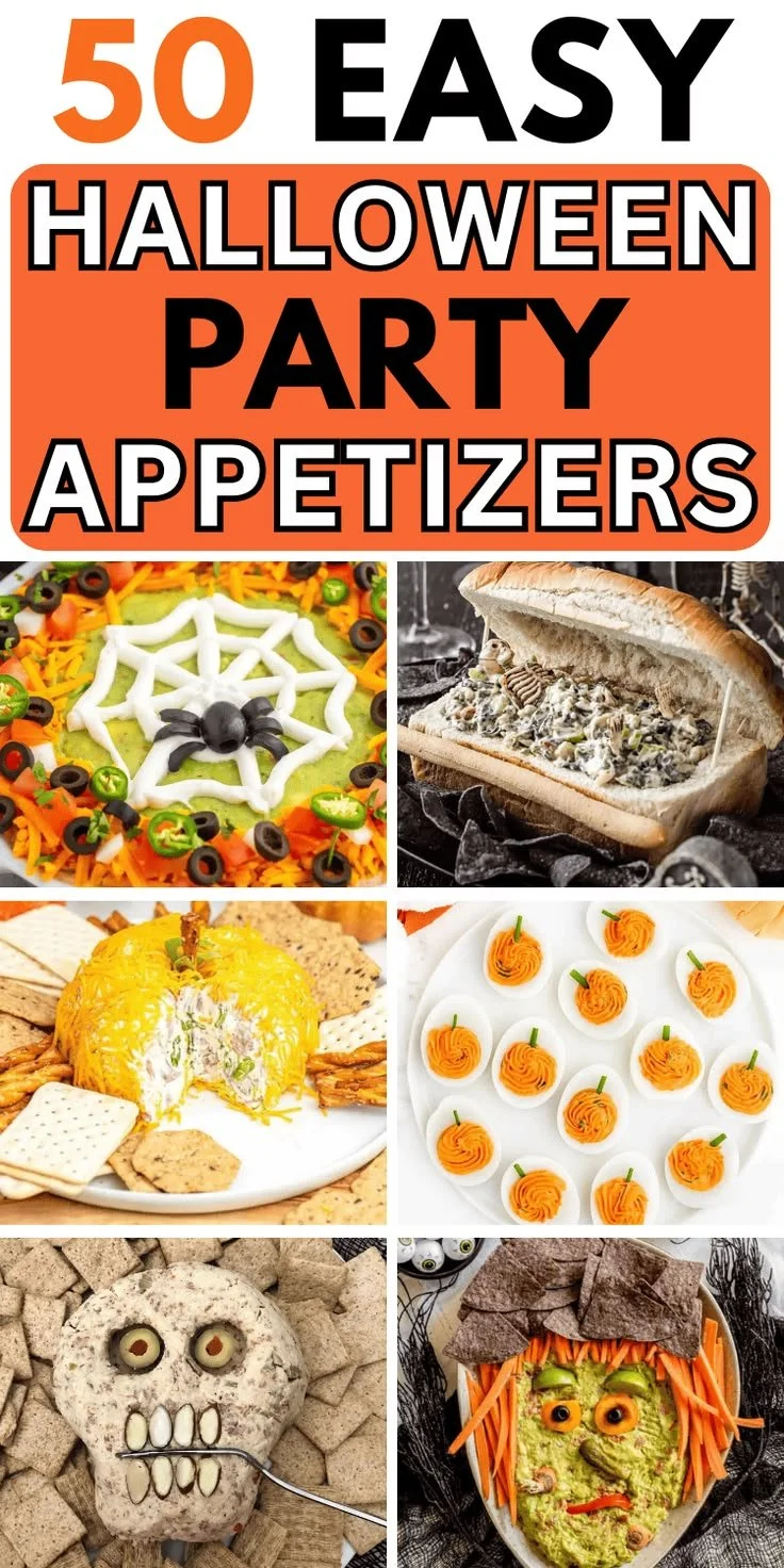 Spooky Halloween appetizers displayed on a festive table for a party celebration.