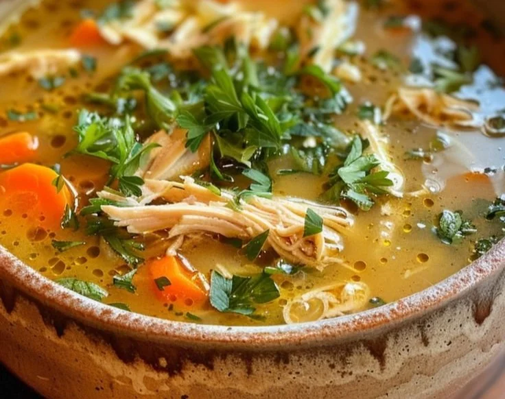 Bowl of anti-inflammatory chicken soup filled with vegetables and herbs