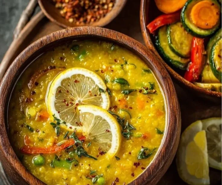 Bowl of anti-inflammatory lemon lentil soup with fresh herbs and lemon slices