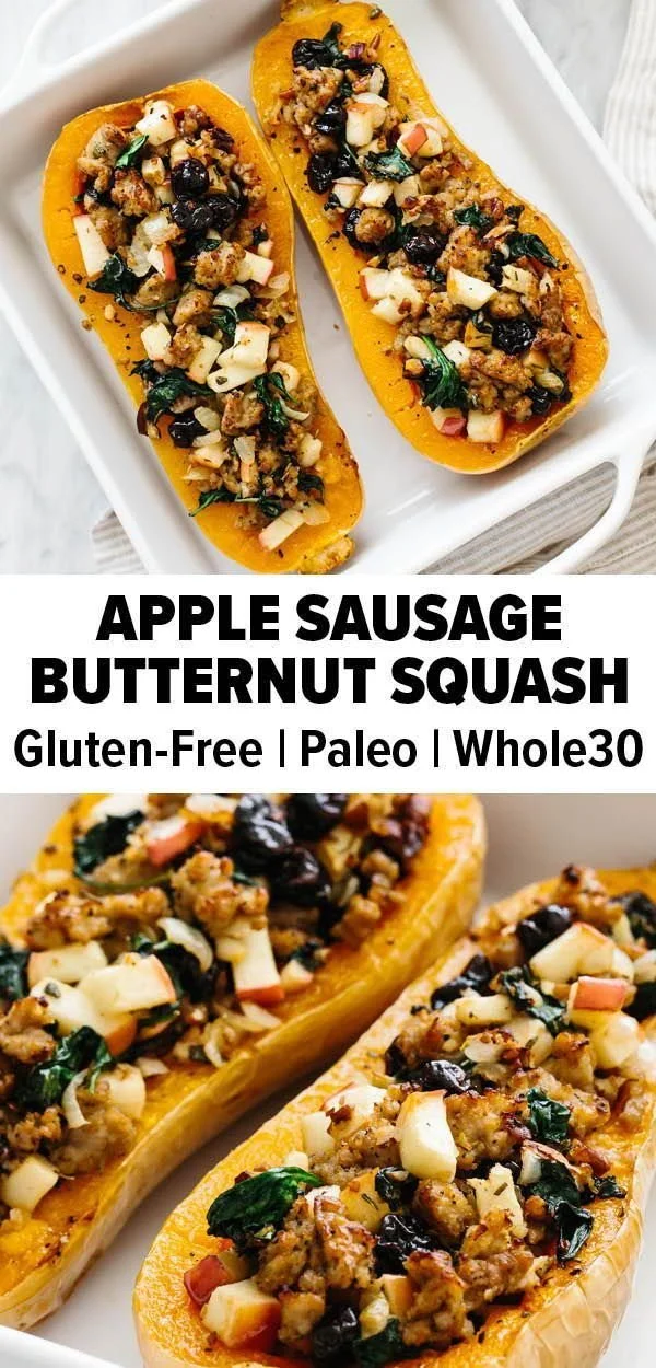 Apple sausage stuffed butternut squash served on a white plate