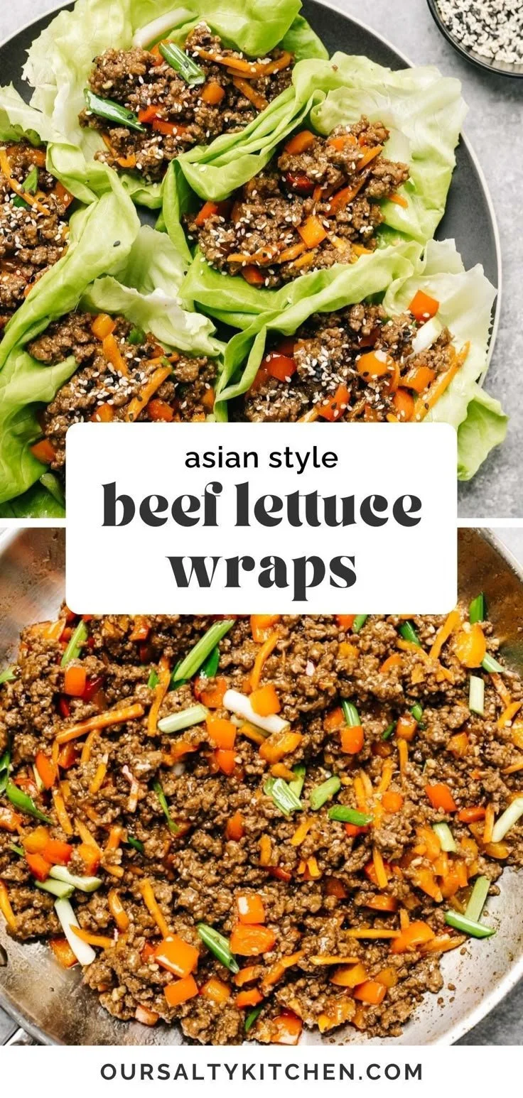 Asian-style beef lettuce wraps with seasoned ground beef in fresh lettuce leaves