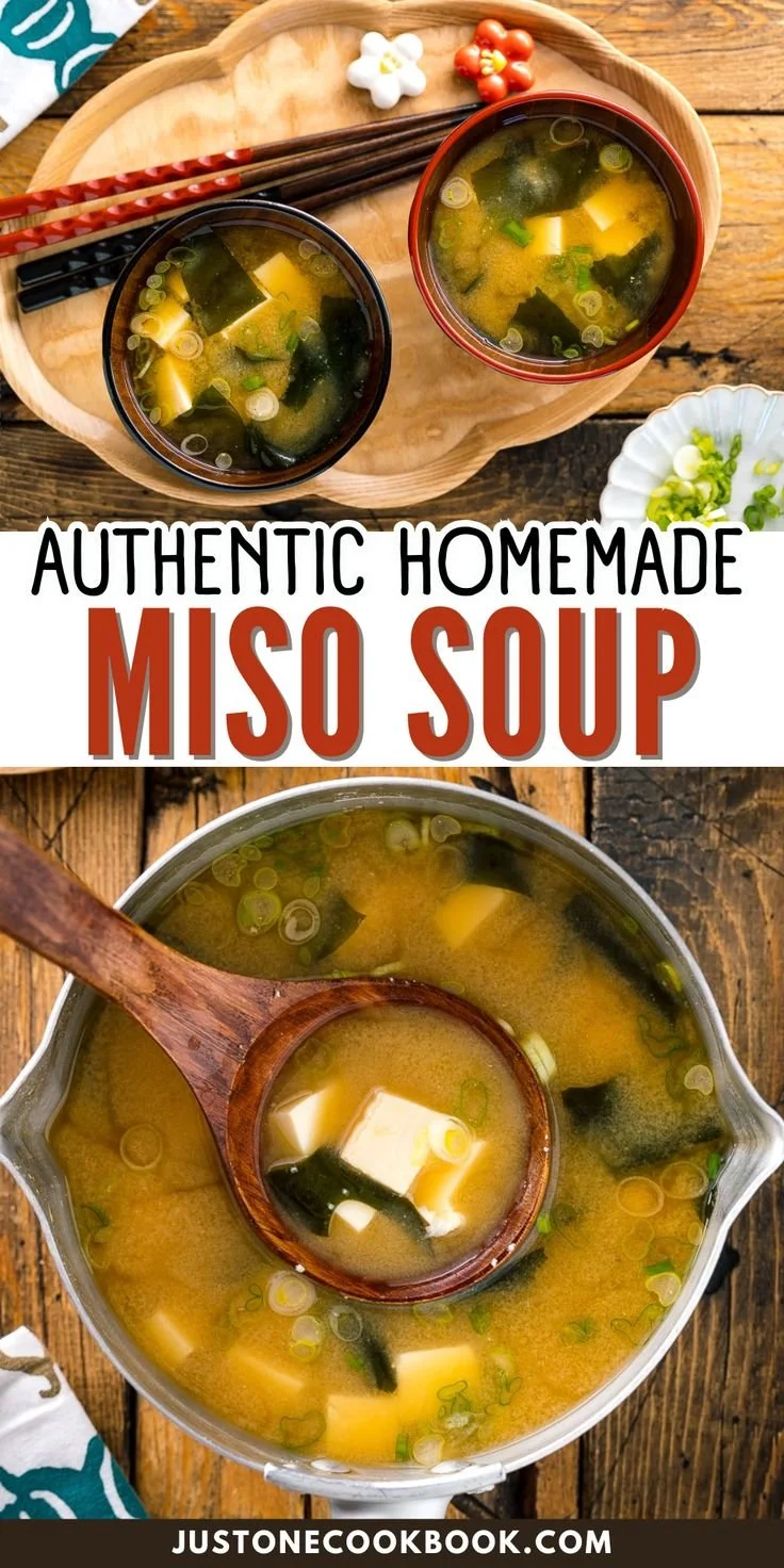 A bowl of authentic homemade miso soup with tofu, green onions, and seaweed