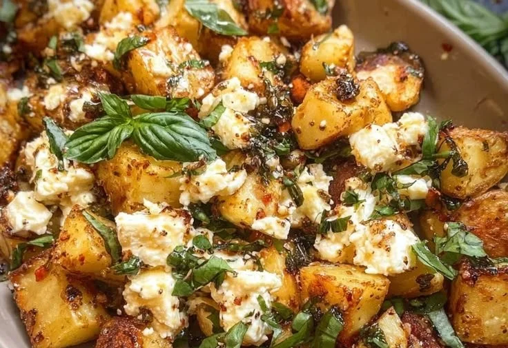 Delicious baked feta potatoes served as a healthy one-dish dinner.