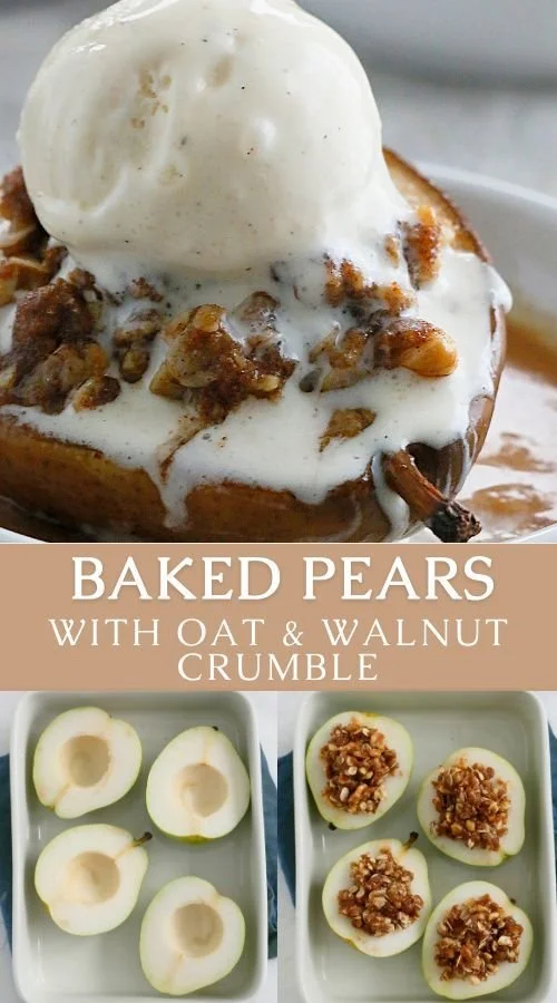 Baked pears topped with walnut and oatmeal crumble on a white plate