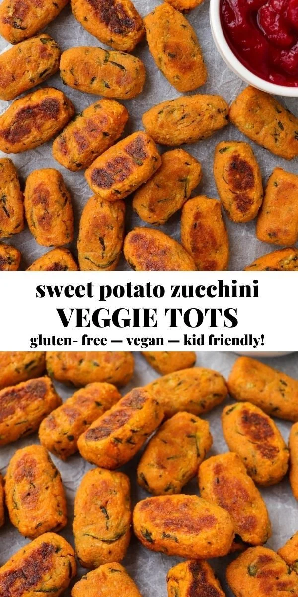 Baked Sweet Potato Zucchini Tots on a plate, healthy vegan snack