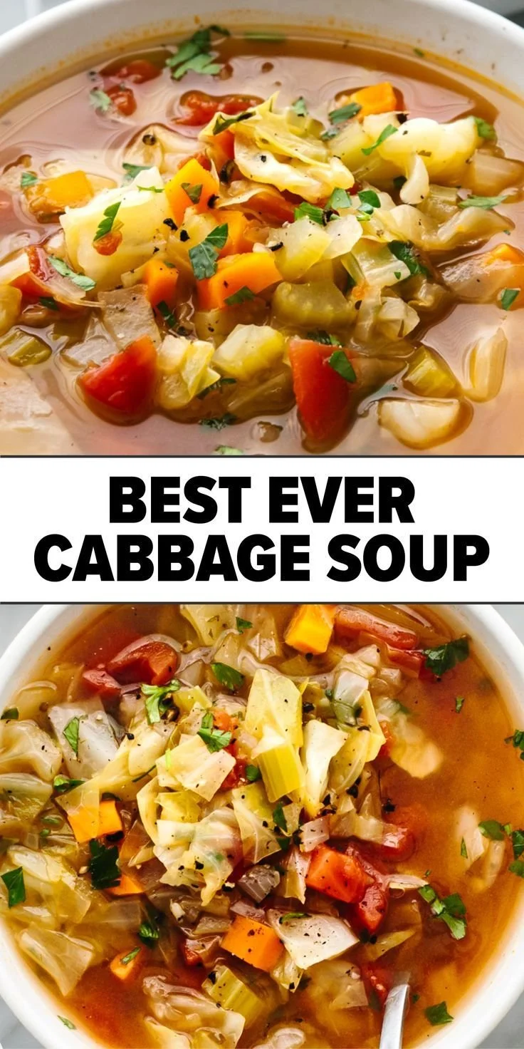 A bowl of healthy homemade cabbage soup filled with fresh vegetables.