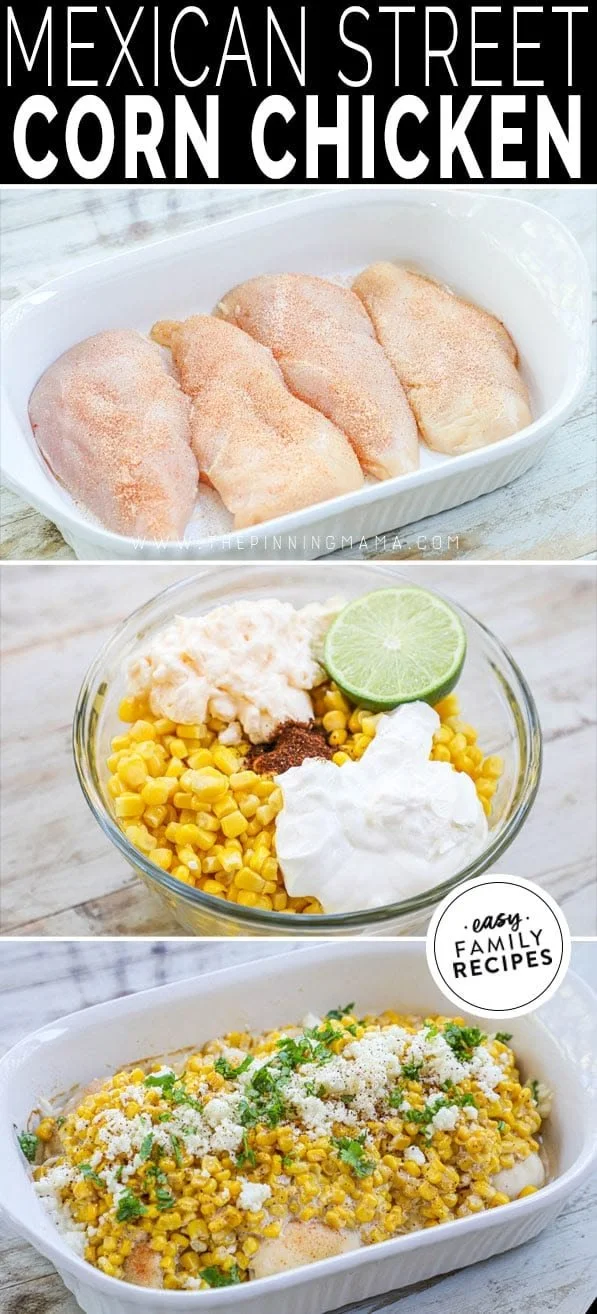Plate of Mexican Street Corn Chicken with corn and chicken breast garnished.