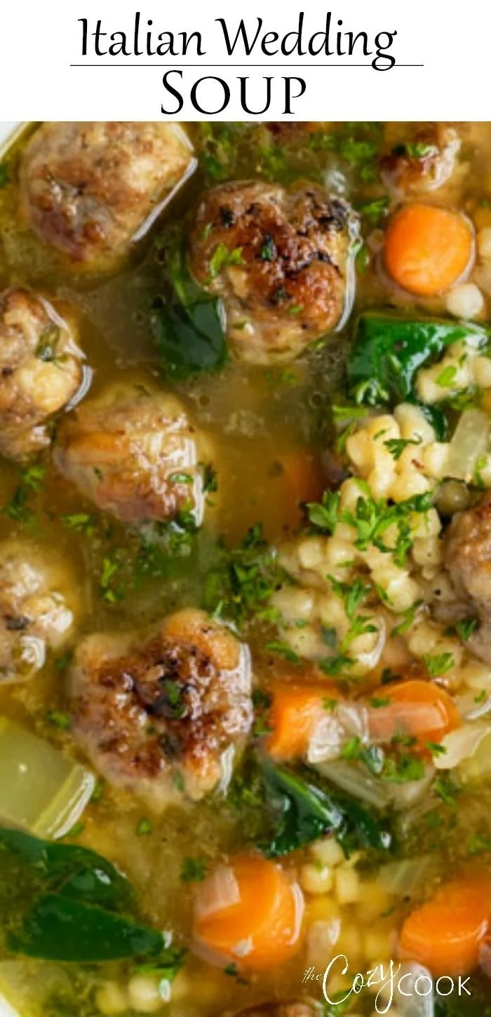 Bowl of BEST EVER Italian Wedding Soup with meatballs and greens