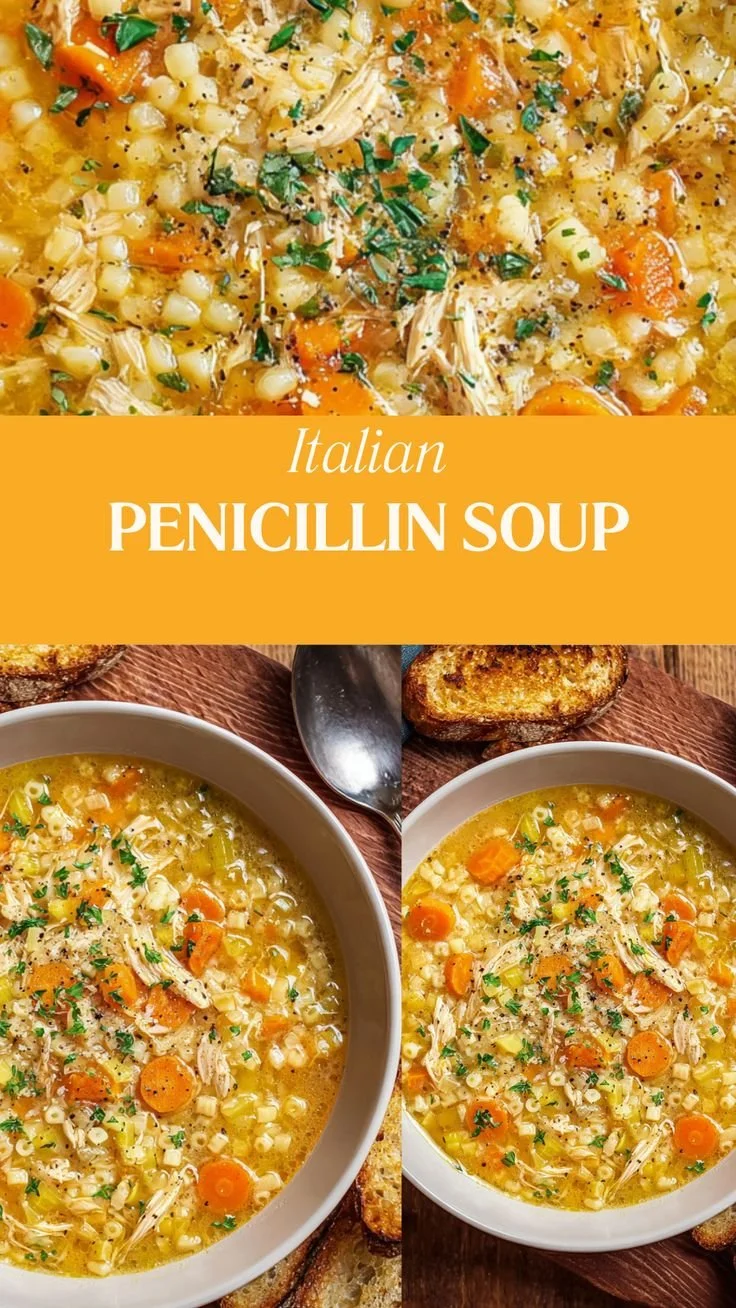Bowls of Italian Penicillin Soup with pasta and chicken, a comforting dish.