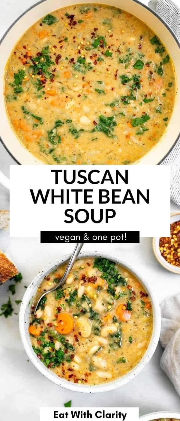 Bowl of homemade Tuscan White Bean Soup garnished with fresh herbs