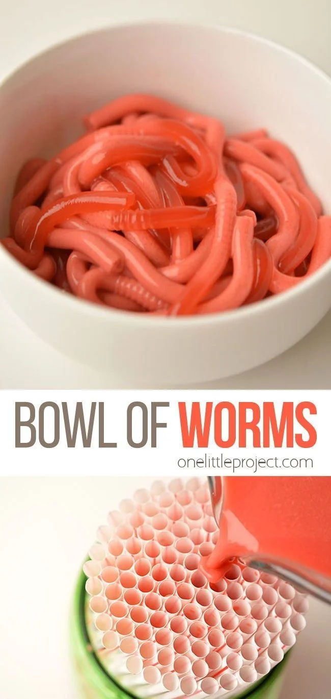 Colorful Jello worms in a bowl, a fun dessert for parties