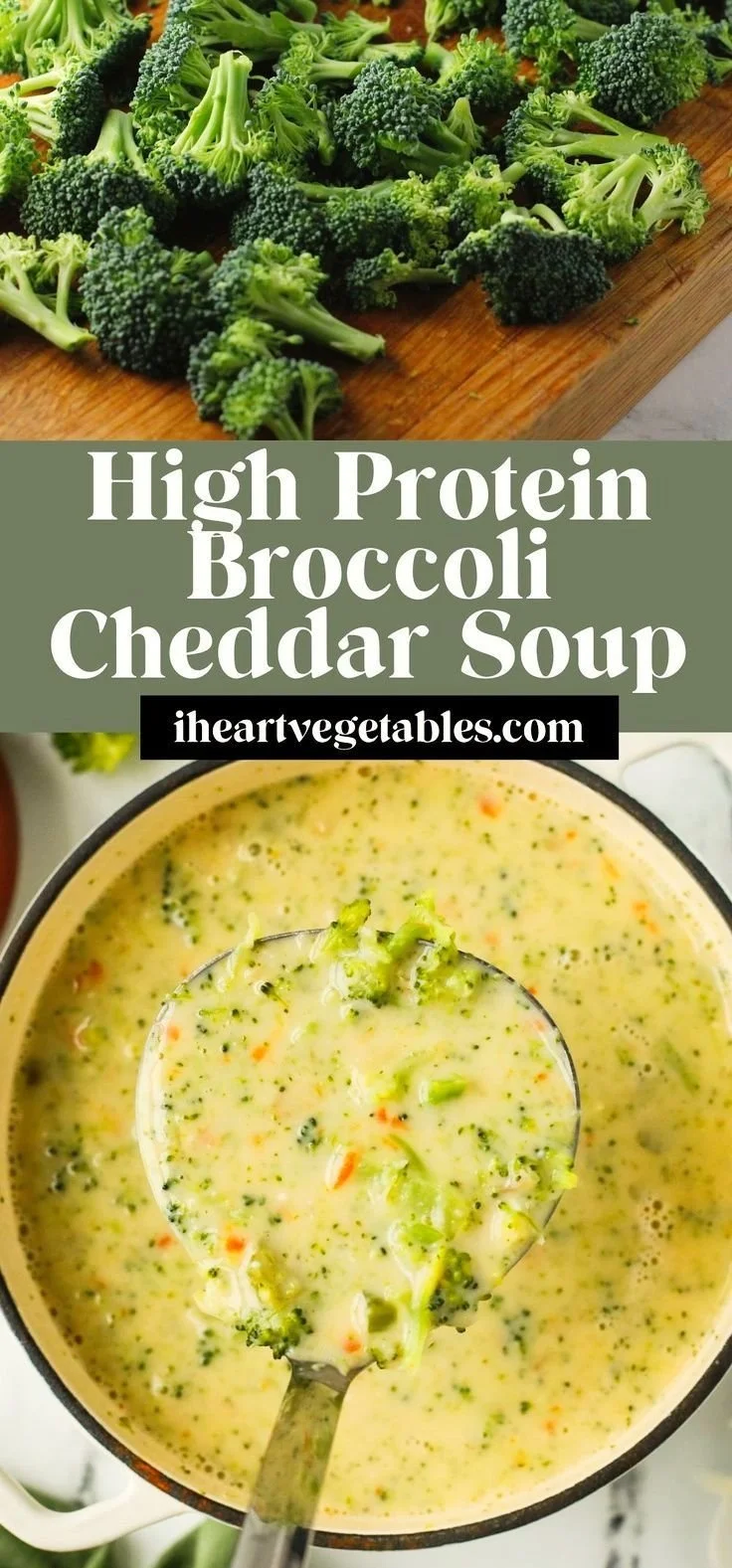 Bowl of high protein Broccoli Cheddar Soup topped with grated cheese and broccoli florets.