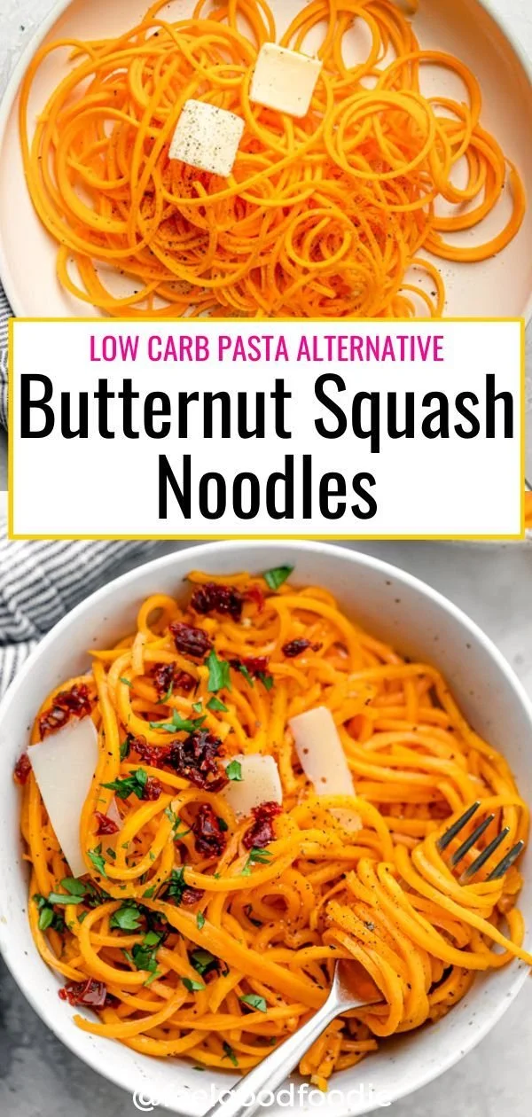 Plate of colorful butternut squash noodles topped with vegetables