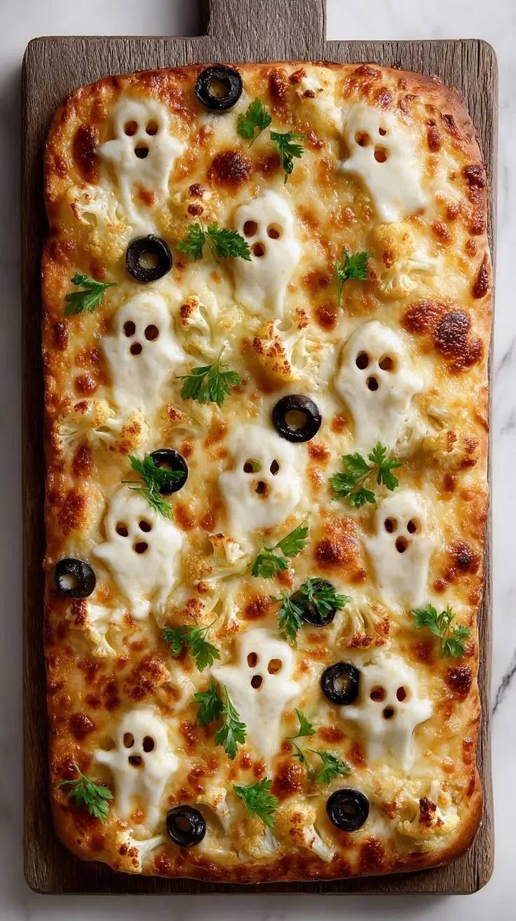Halloween-inspired cemetery flatbread pizza with ghost and witch designs.