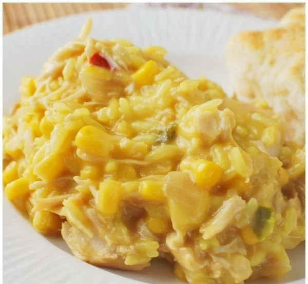 Slow cooker cheesy chicken and rice dish garnished with herbs