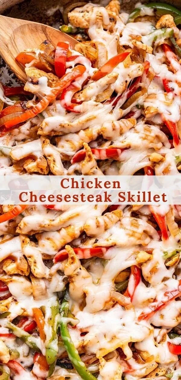 Chicken Cheesesteak Skillet served in a cast iron pan with colorful vegetables