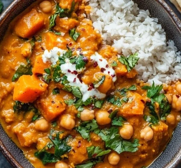 Chickpea and Sweet Potato Curry served in a bowl with fresh herbs