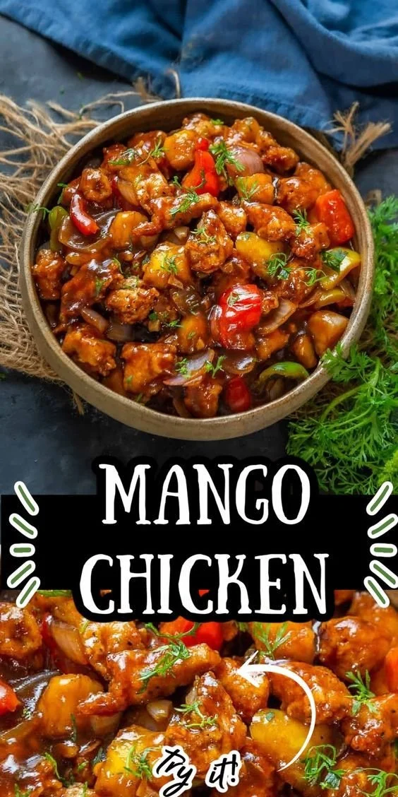 Delicious Chinese style mango chicken stir fry served in a wok