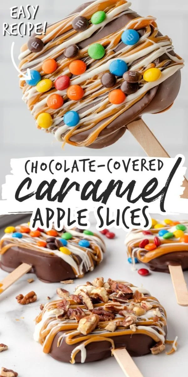 Delicious chocolate covered caramel apple slices ready to be enjoyed.