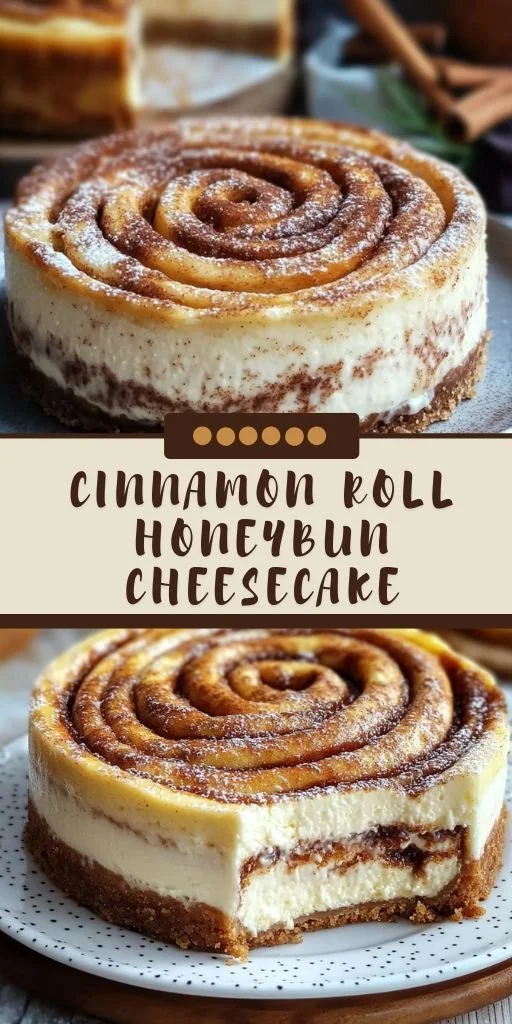 Delicious Cinnamon Roll Cheesecake topped with creamy frosting and cinnamon swirls.