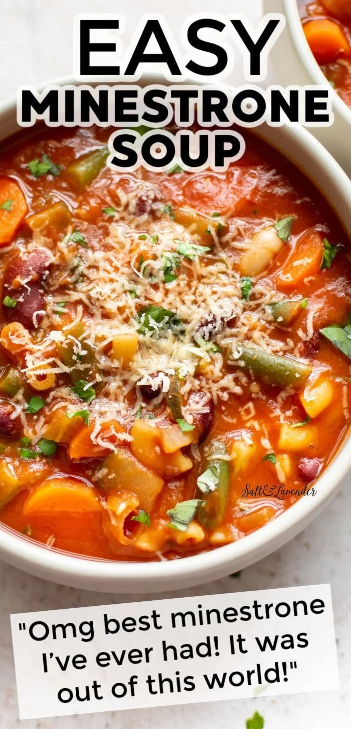 Bowl of classic minestrone soup filled with fresh vegetables and herbs.