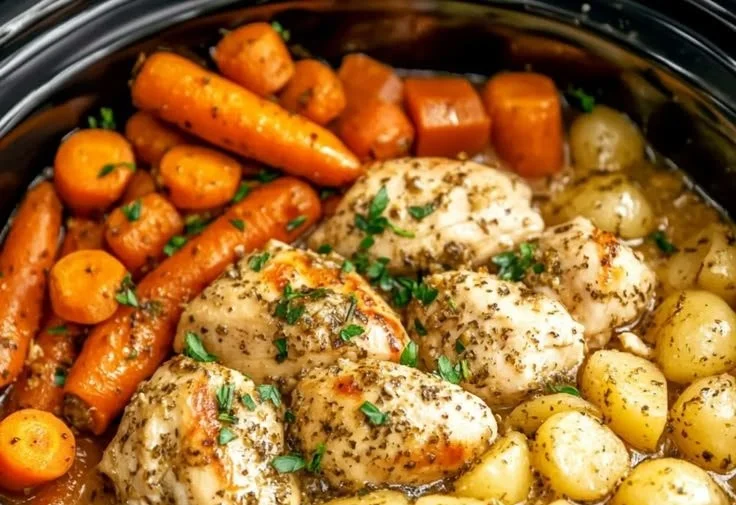 Delicious garlic herb chicken cooked in a crockpot for an easy dinner
