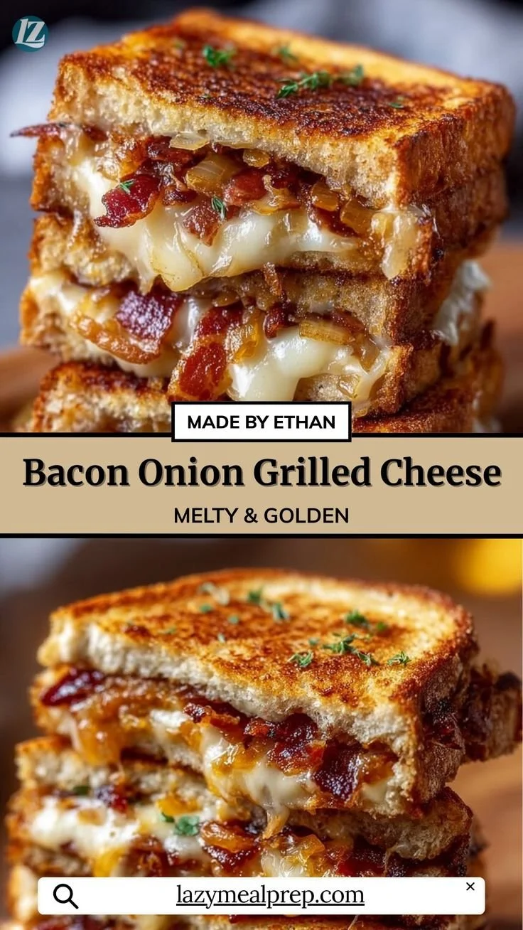 Delicious bacon and caramelized onion grilled cheese sandwich on a plate