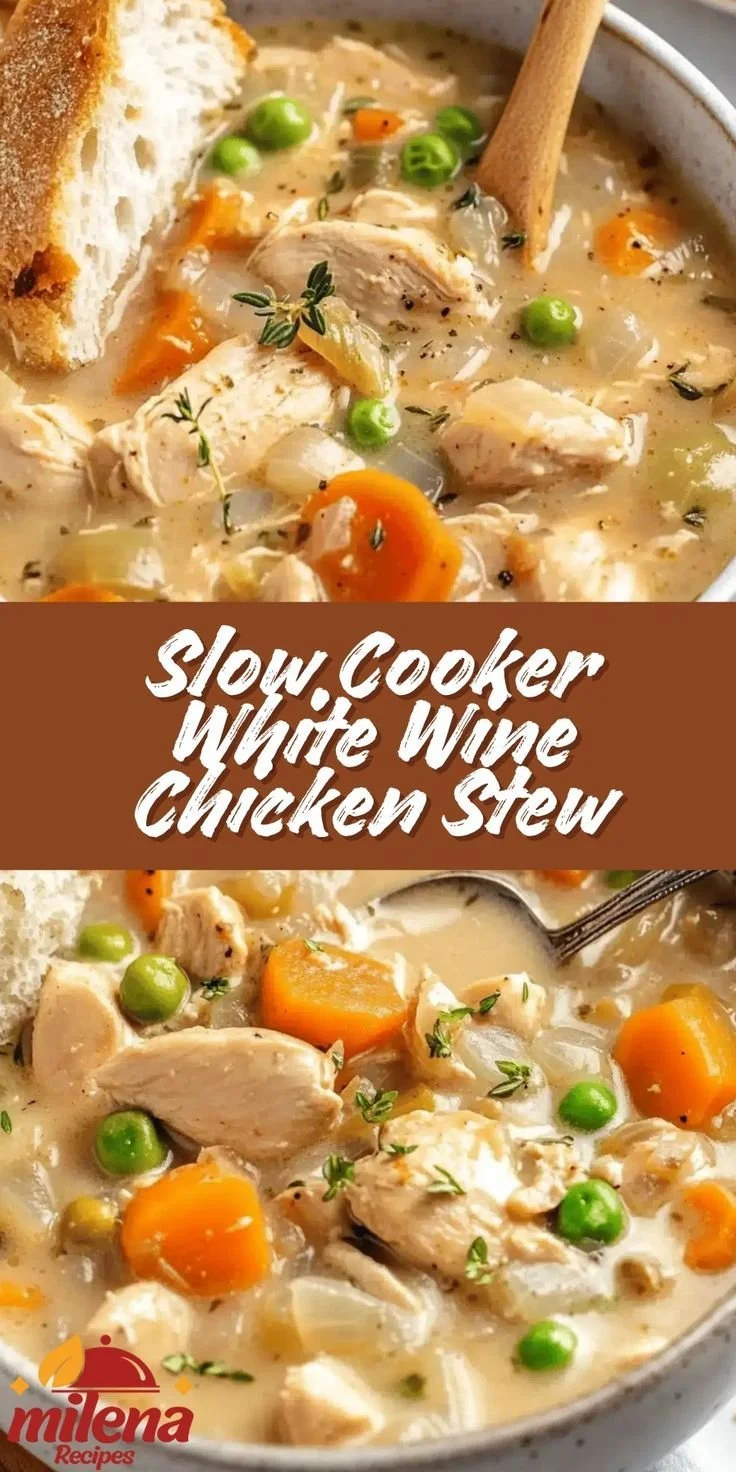 Cozy slow cooker white wine chicken stew in a rustic bowl