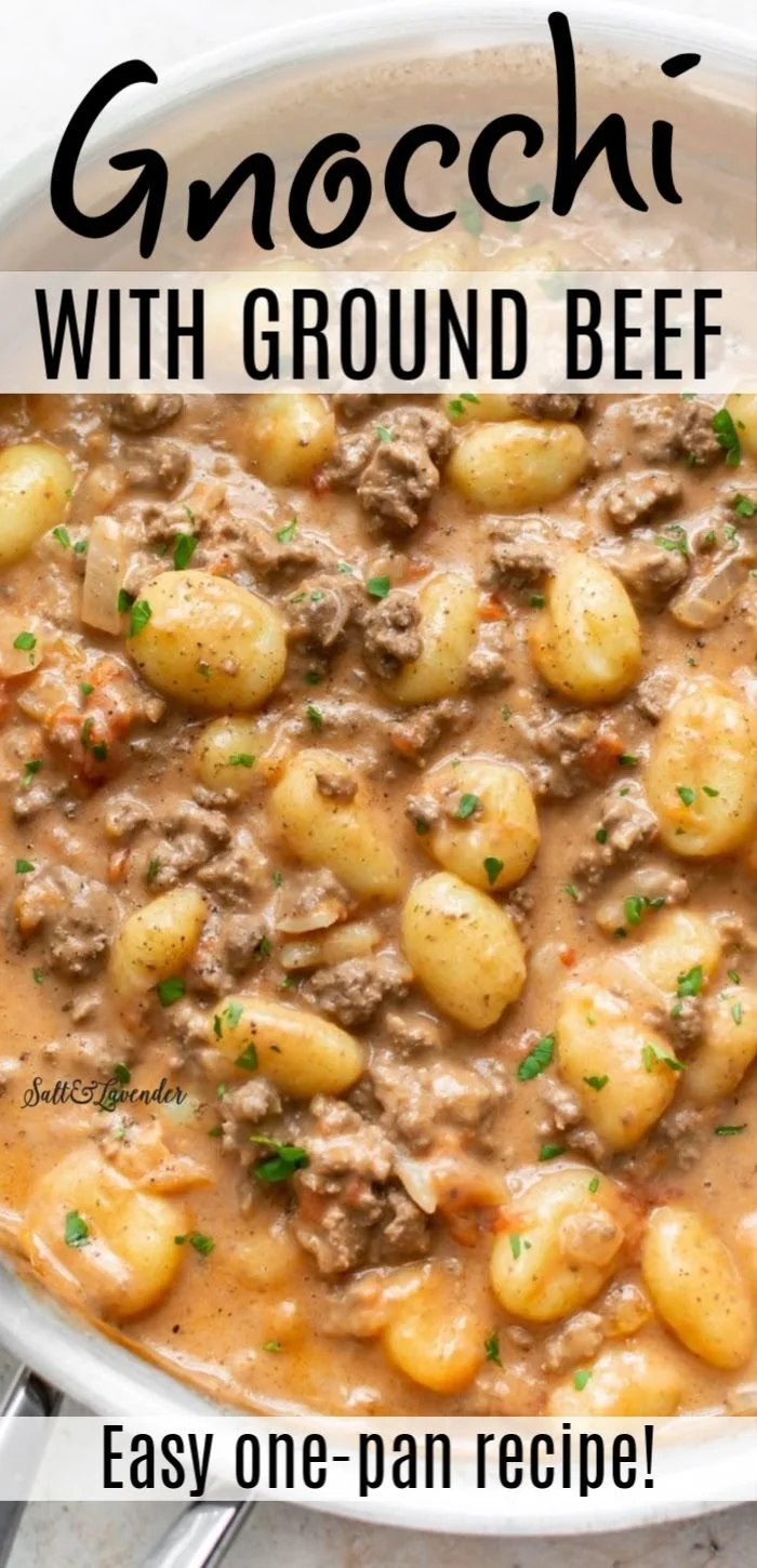 Delicious creamy ground beef gnocchi served with herbs and cheese