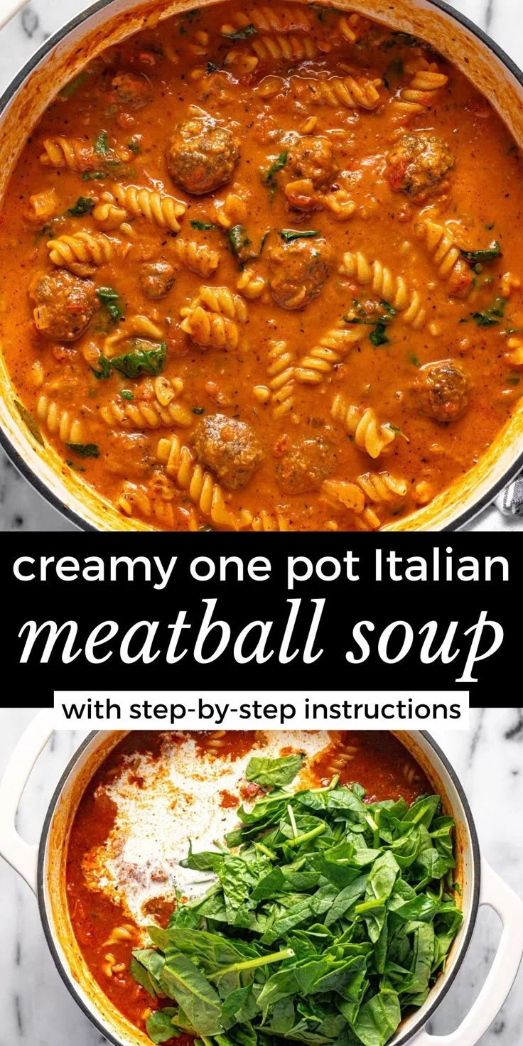 Bowl of creamy Italian meatball soup garnished with parsley and bread
