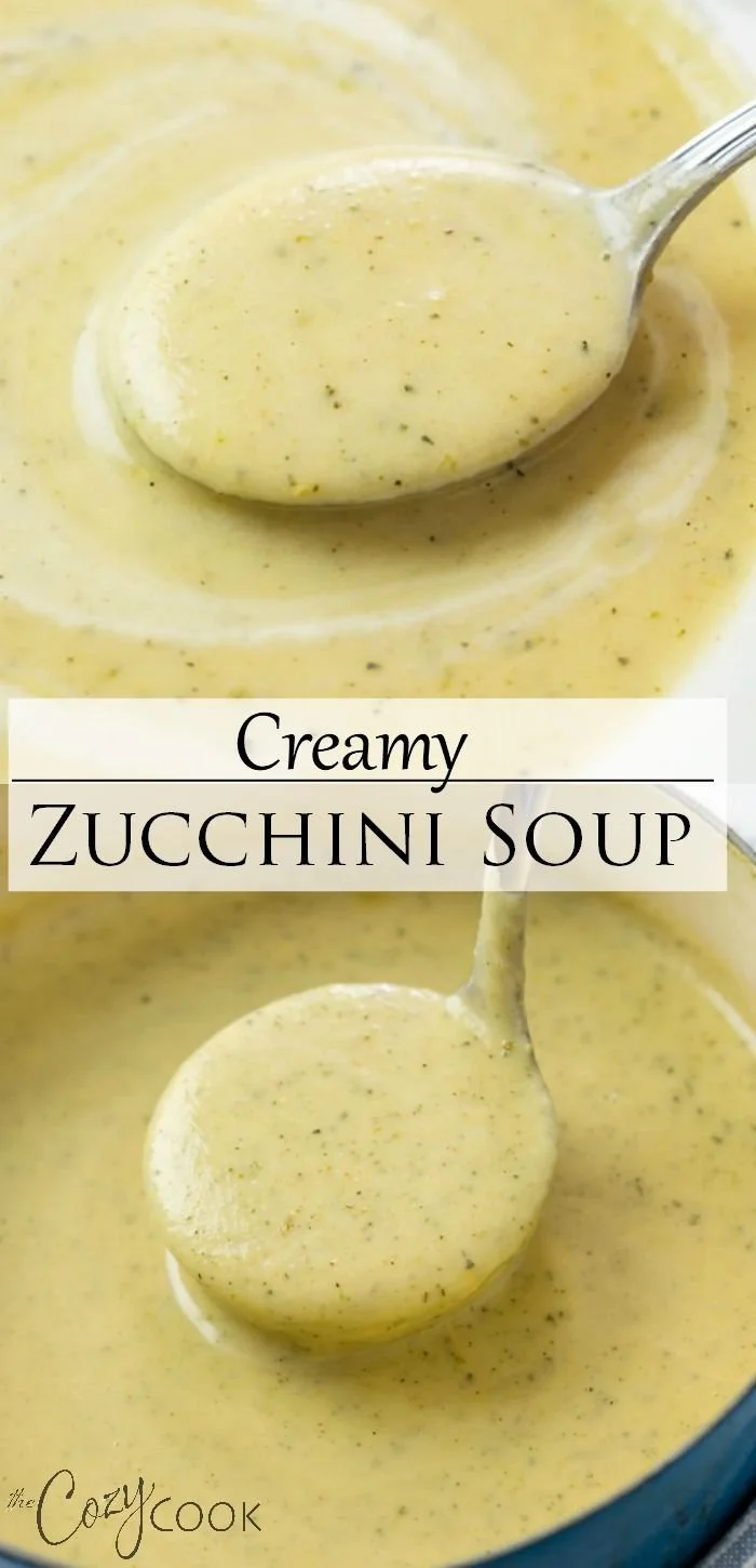 Bowl of creamy zucchini soup garnished with fresh herbs