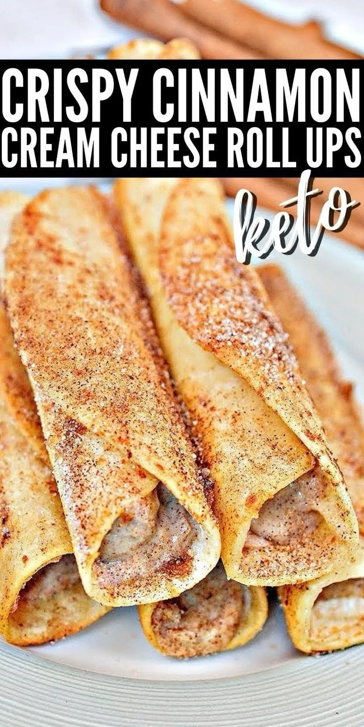 Crispy keto cinnamon cream cheese roll ups on a plate