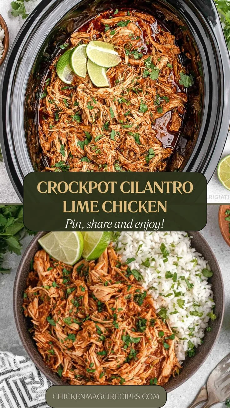 Crockpot cilantro lime chicken garnished with fresh cilantro and lime slices.