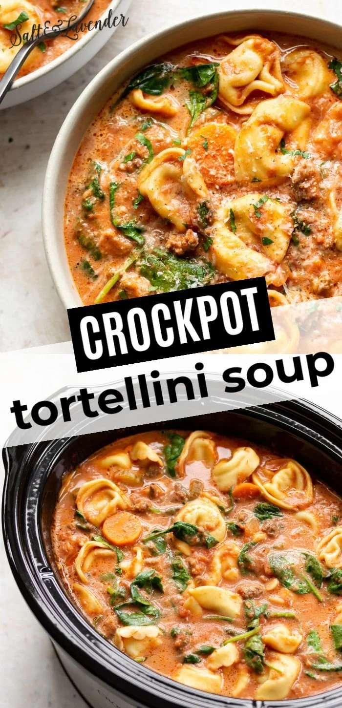Delicious Crockpot Tortellini Soup with Sausage served in a bowl