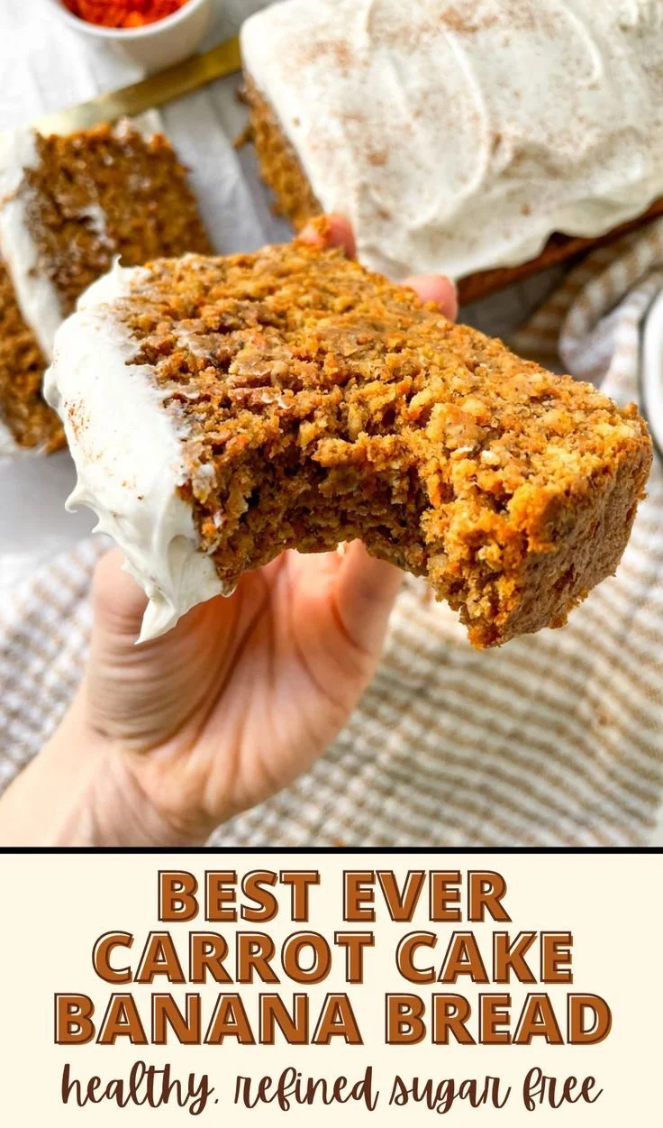 Dairy-free carrot cake banana bread slice on a plate, garnished with nuts.