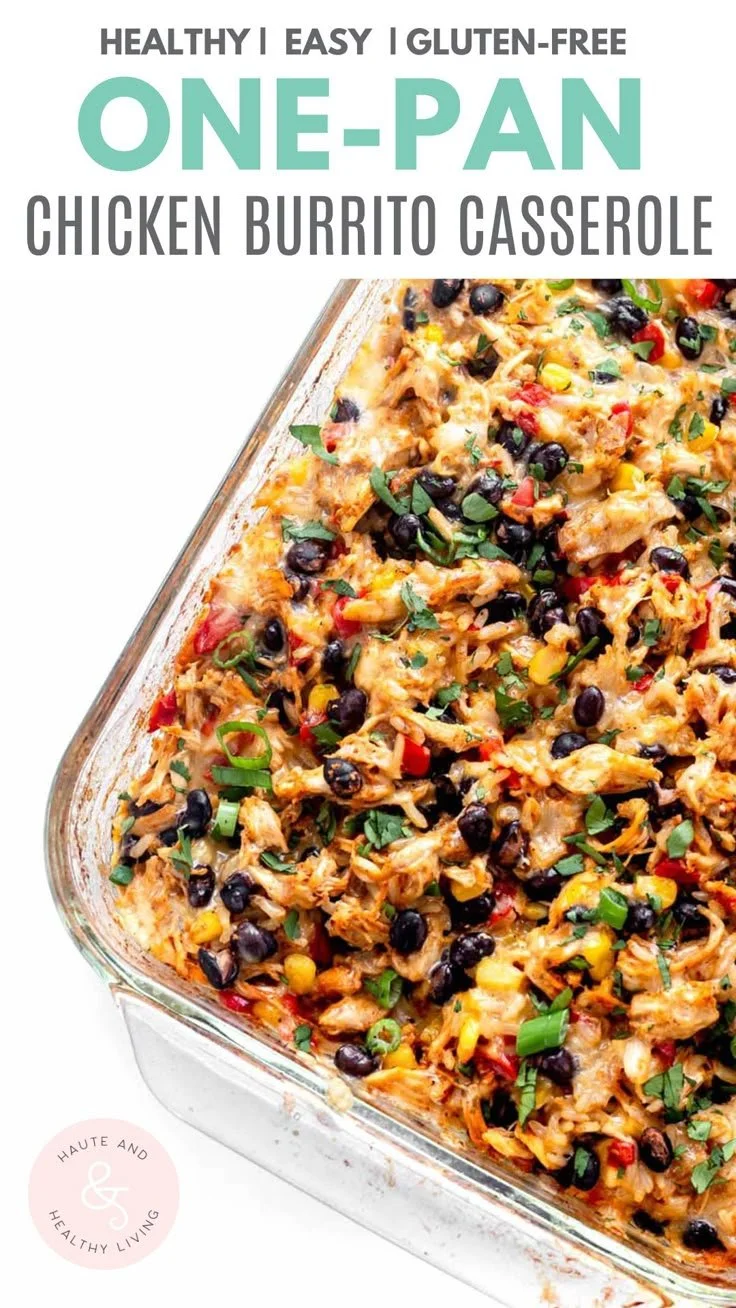 Delicious easy chicken burrito casserole topped with cheese and fresh ingredients