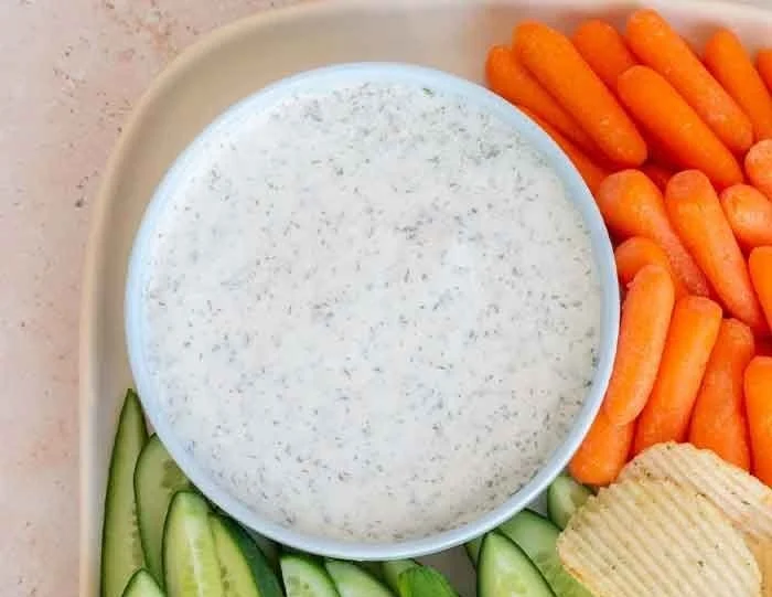 Easy cottage cheese ranch dip served with vegetables and chips