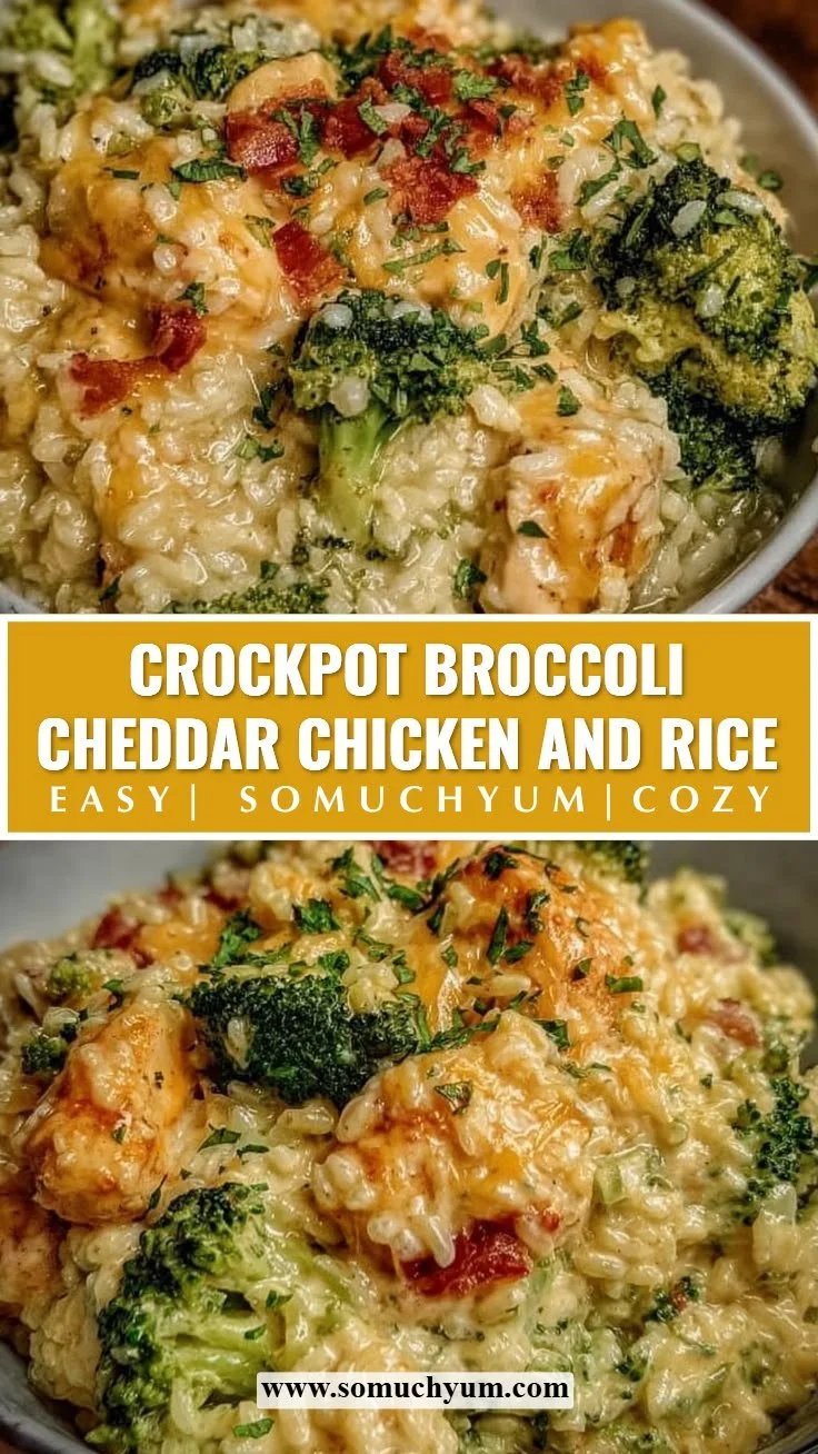 Crockpot broccoli cheddar chicken served with rice in a cozy dinner setting.