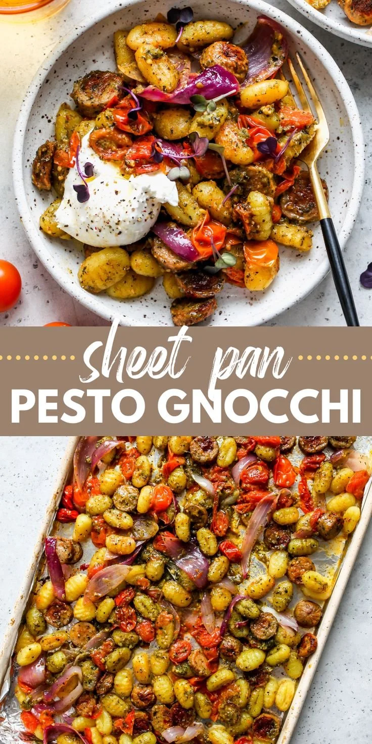 Easy Sheet Pan Pesto Gnocchi recipe served on a plate with fresh basil