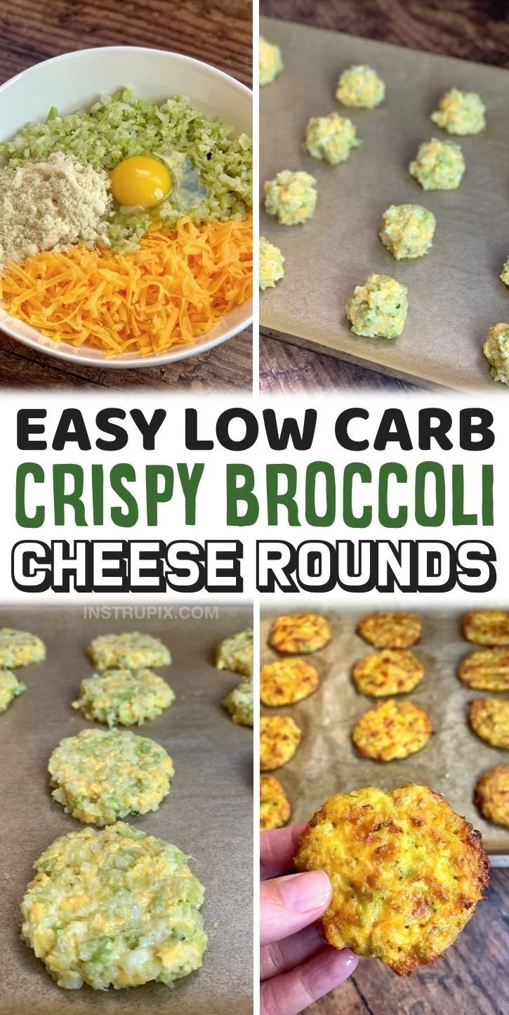Low carb crispy broccoli cheese rounds on a plate served as a healthy snack