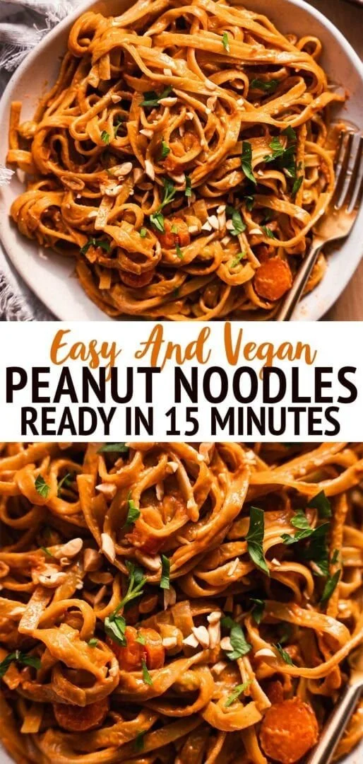 Plate of easy vegan peanut noodles garnished with vegetables and peanuts