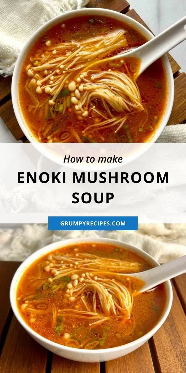 Bowl of Enoki Mushroom Soup garnished with herbs and spices