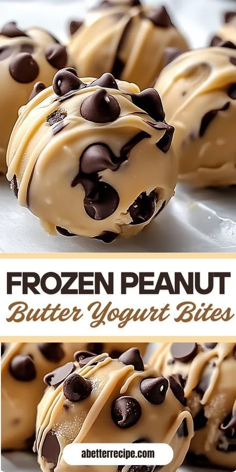 Frozen Greek yogurt bites with peanut butter and chocolate chips on a plate.