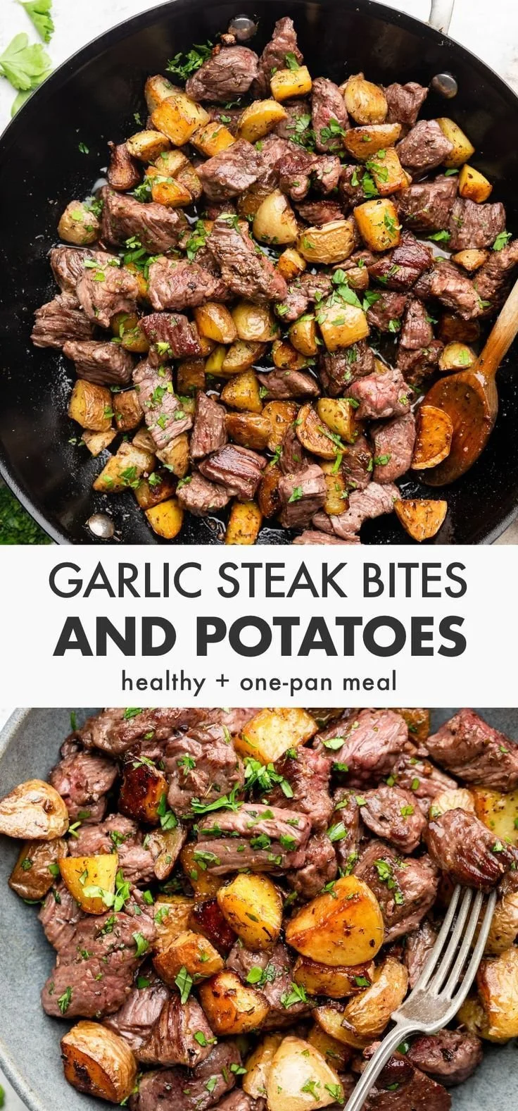 Garlic butter steak bites with roasted potatoes, a delicious steak dinner recipe.