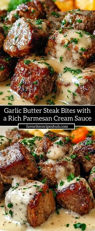 Garlic butter steak bites served with rich parmesan cream sauce