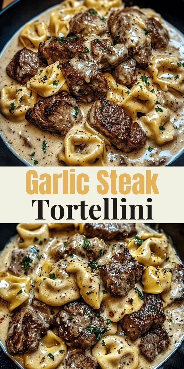 Delicious Garlic Steak Tortellini dish served with garlic sauce and garnished.