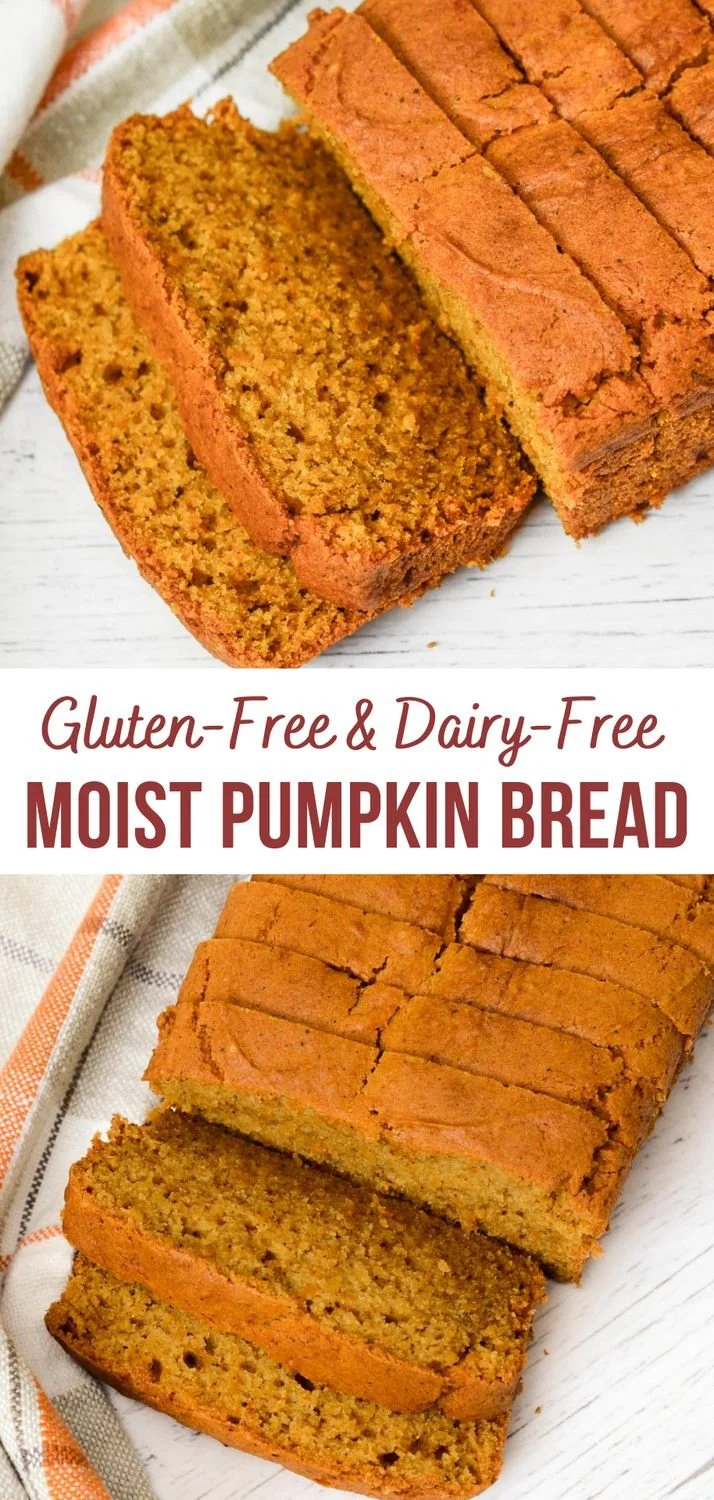 Freshly baked gluten-free dairy-free pumpkin bread on a wooden table